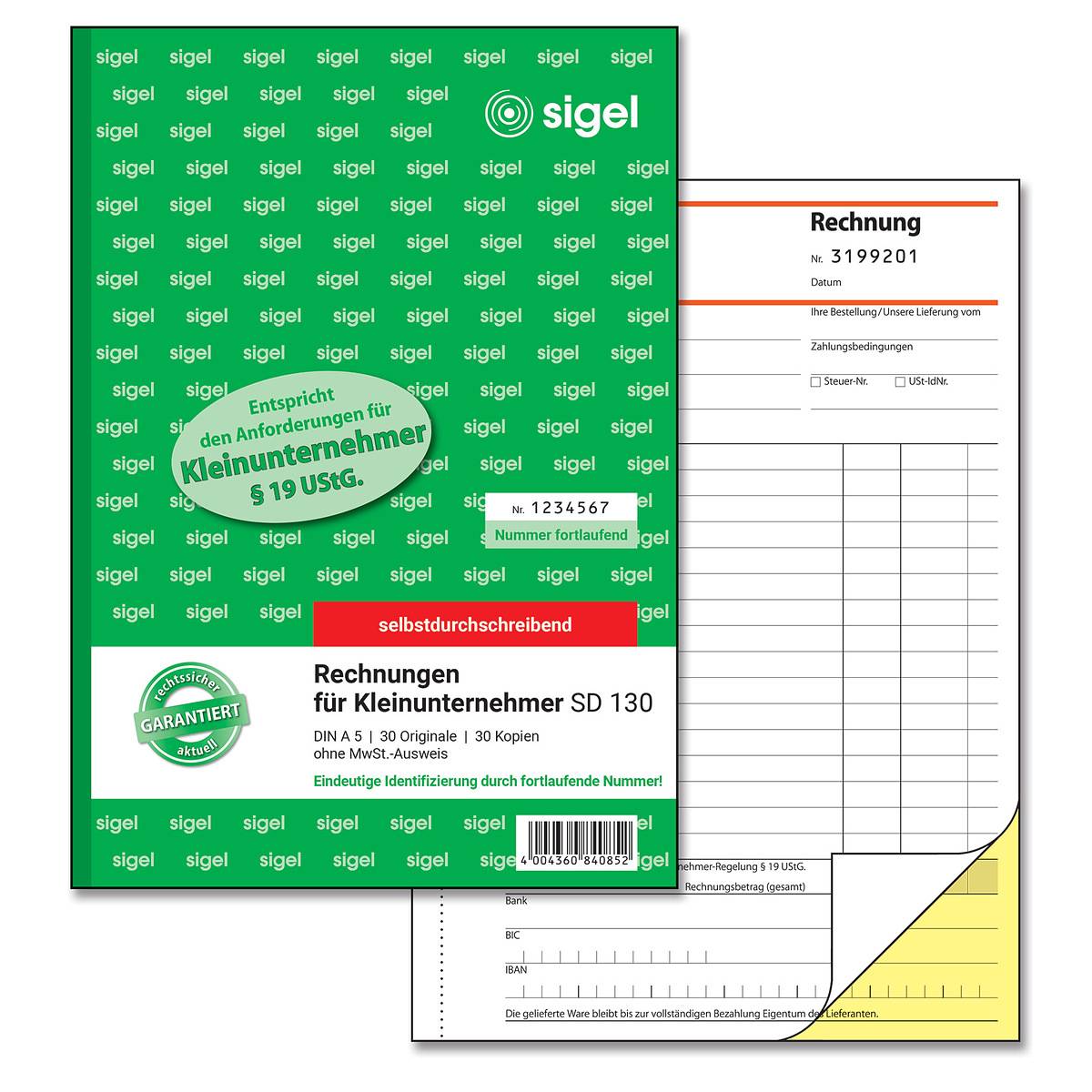 SIGEL Rechnungen für Kleinunternehmer, ohne MwSt.-Ausweis, mit fortlfd. Nummer, 1./2. Blatt bedruckt, A5