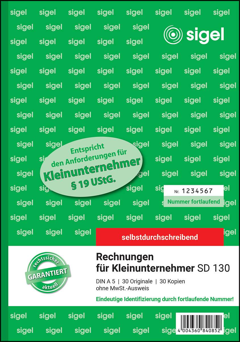 SIGEL Rechnungen für Kleinunternehmer, ohne MwSt.-Ausweis, mit fortlfd. Nummer, 1./2. Blatt bedruckt, A5