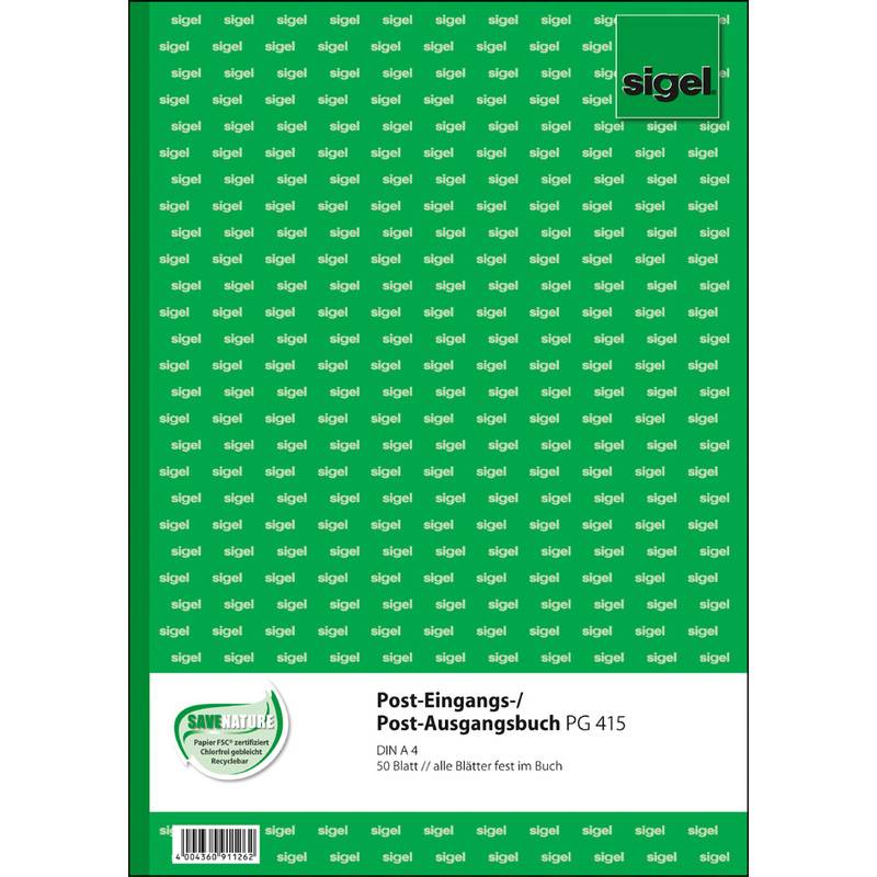 Ein grünes Umschlagdesign mit sich wiederholenden weißen 'Sigel' Logos. Der Text lautet 'Post-Eingangsbuch/Post-Ausgangsbuch PG 415, DIN A4, 50 Blatt'.