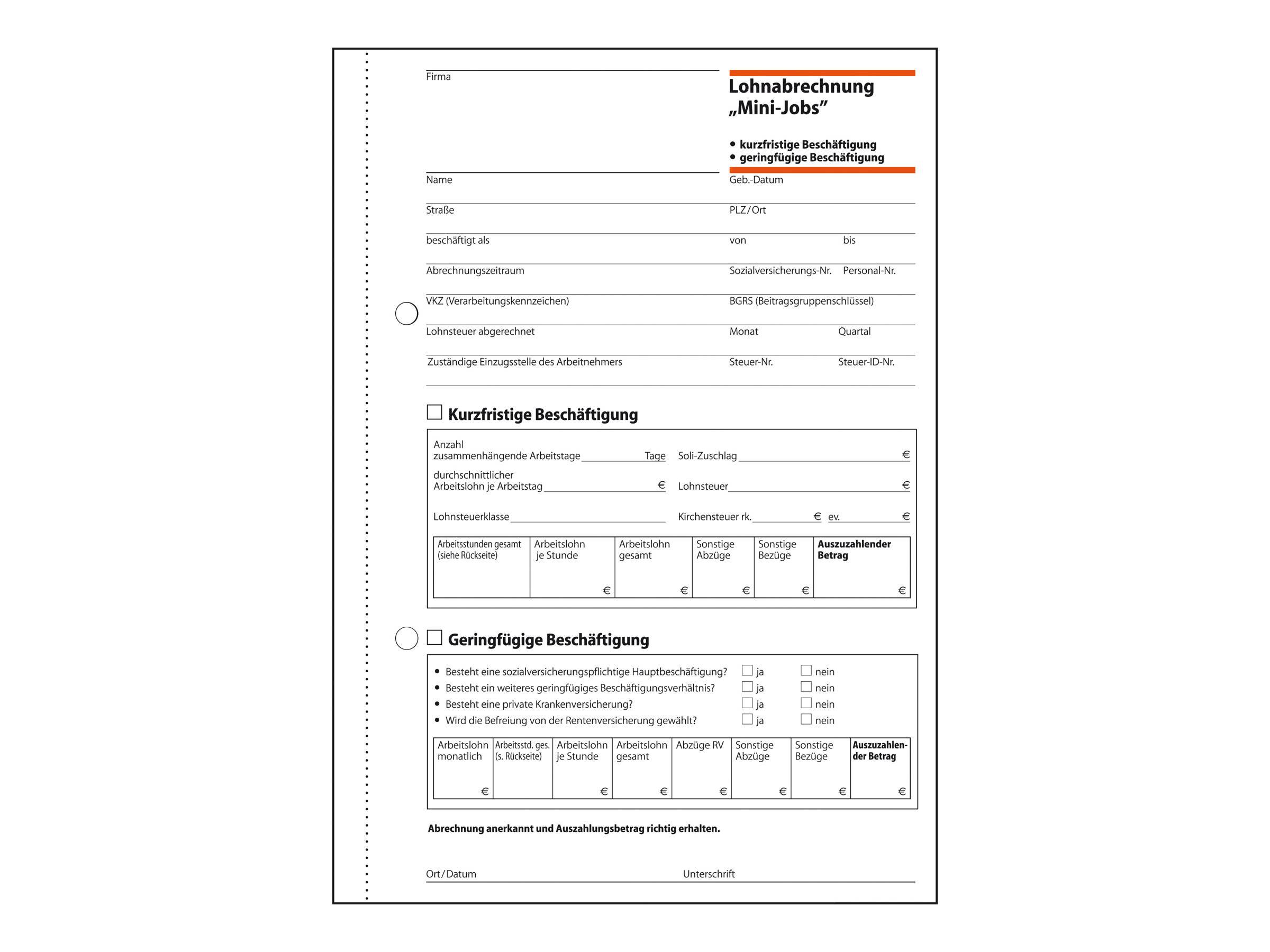 Sigel Lohnbuchabrechnung für Minijobs - 50 Blatt