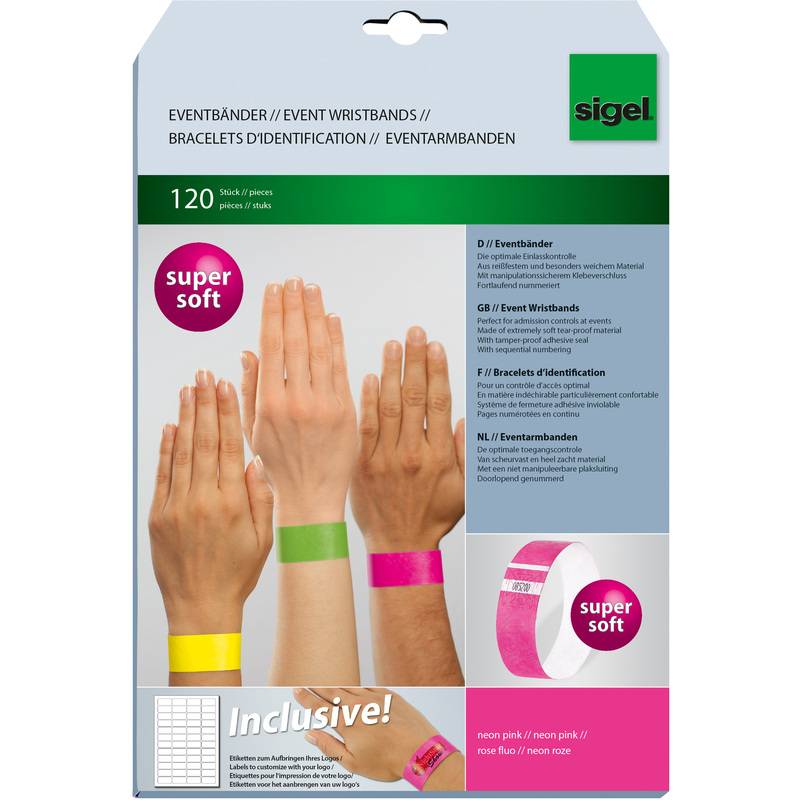Veranstaltungsarmbänder für 120 Stück, mit vier Händen, die bunte Bänder tragen. Highlights sind ‚super weich' und ‚inklusiv'.