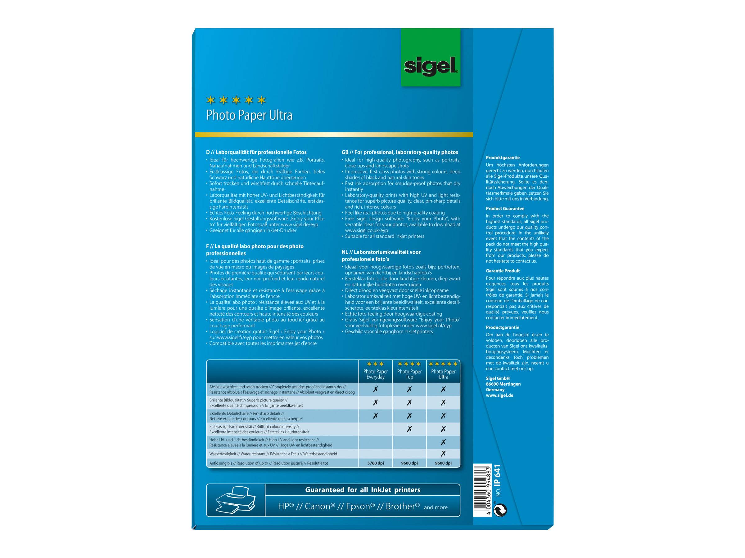 Sigel InkJet Ultra Photo Paper IP641 - Glänzend - Glänzend Weiß - A4 (210 x 297 mm)