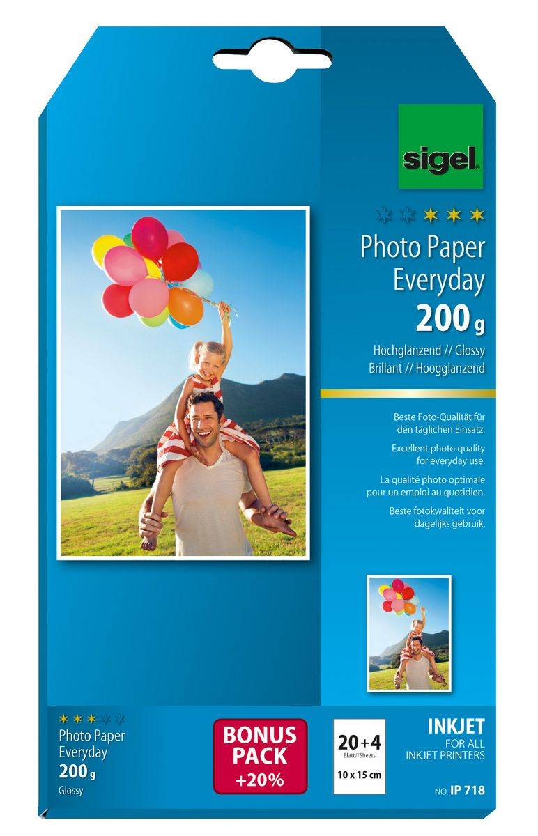 SIGEL Inkjet Fotopapier Everyday, hochglänzend, 200 g/m², 10x15 cm, 24 Blatt