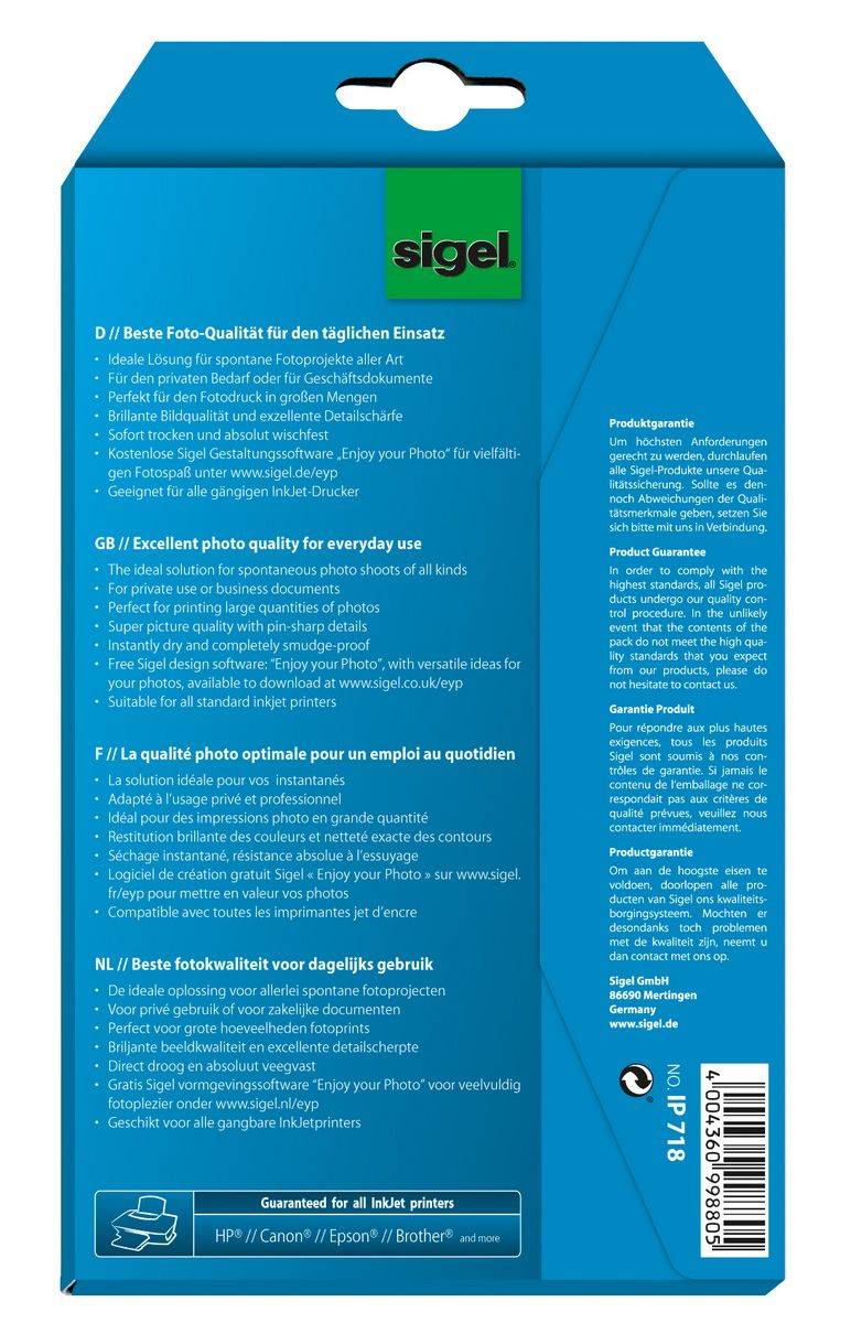 SIGEL Inkjet Fotopapier Everyday, hochglänzend, 200 g/m², 10x15 cm, 24 Blatt