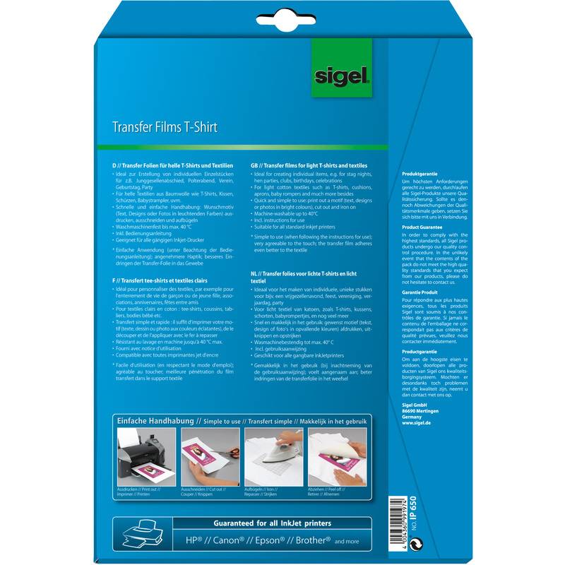 sigel T-Shirt Inkjet-Transfer-Folien, für helle Textilien