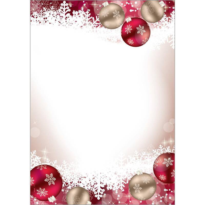 Weihnachtskarte mit rotem und goldenem Schmuck und Schneeflocken, die einen weißen Mittelteil für Text umrahmen.