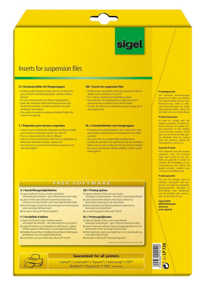 Sigel LP720 - Weiß - 60 x 21 mm - 185 g/m² - 156 Stck. (4 Bogen x 39)