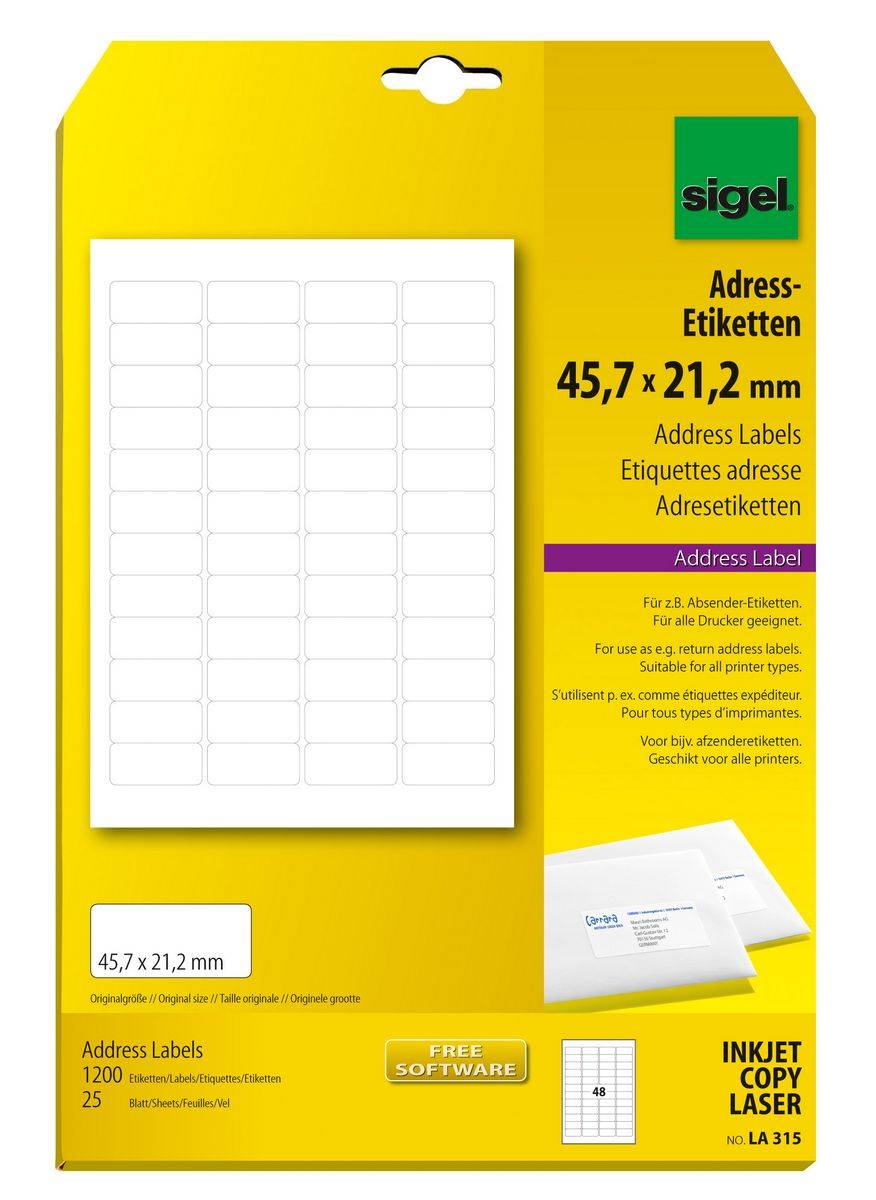 SIGEL abgerundete Adress-Etiketten, 45,7 x 21,2 mm, weiß, 1200 Etiketten