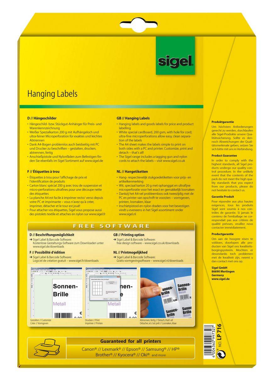 Sigel LP716 - Weiß - 38 x 55 mm - 200 g/m² - 750 Stck. (30 Bogen x 25)