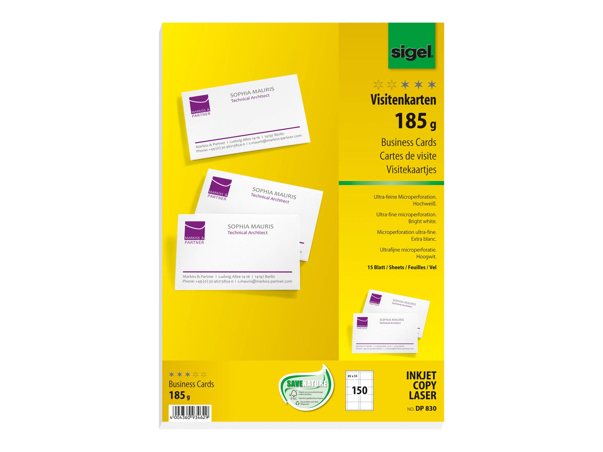 Gelbes Sigel-Visitenkartenpapier-Paket mit der Bezeichnung „Visitenkarten 185 g