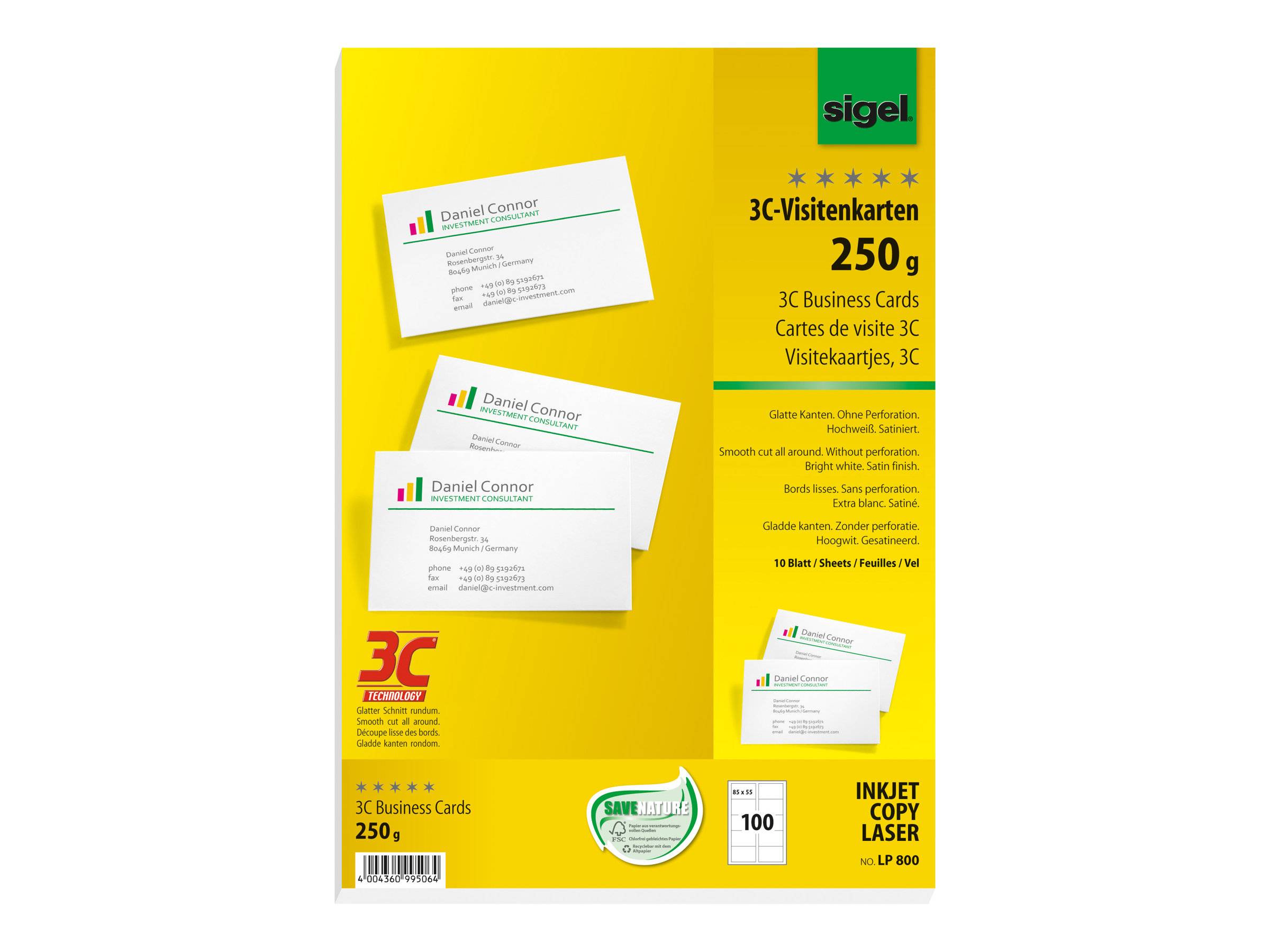 Sigel Business Card 3C LP800 - Hochweiß - 85 x 55 mm - 250 g/m² - 100 Karte(n) (10 Bogen x 10)