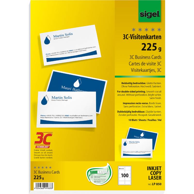 Gelbe Sigel 3C Visitenkartenpapierschachtel mit Beispiel weißblauer Karten, gekennzeichnet mit 225 g, 100 Blatt, für Inkjet-, Kopier- und Laserdrucker.