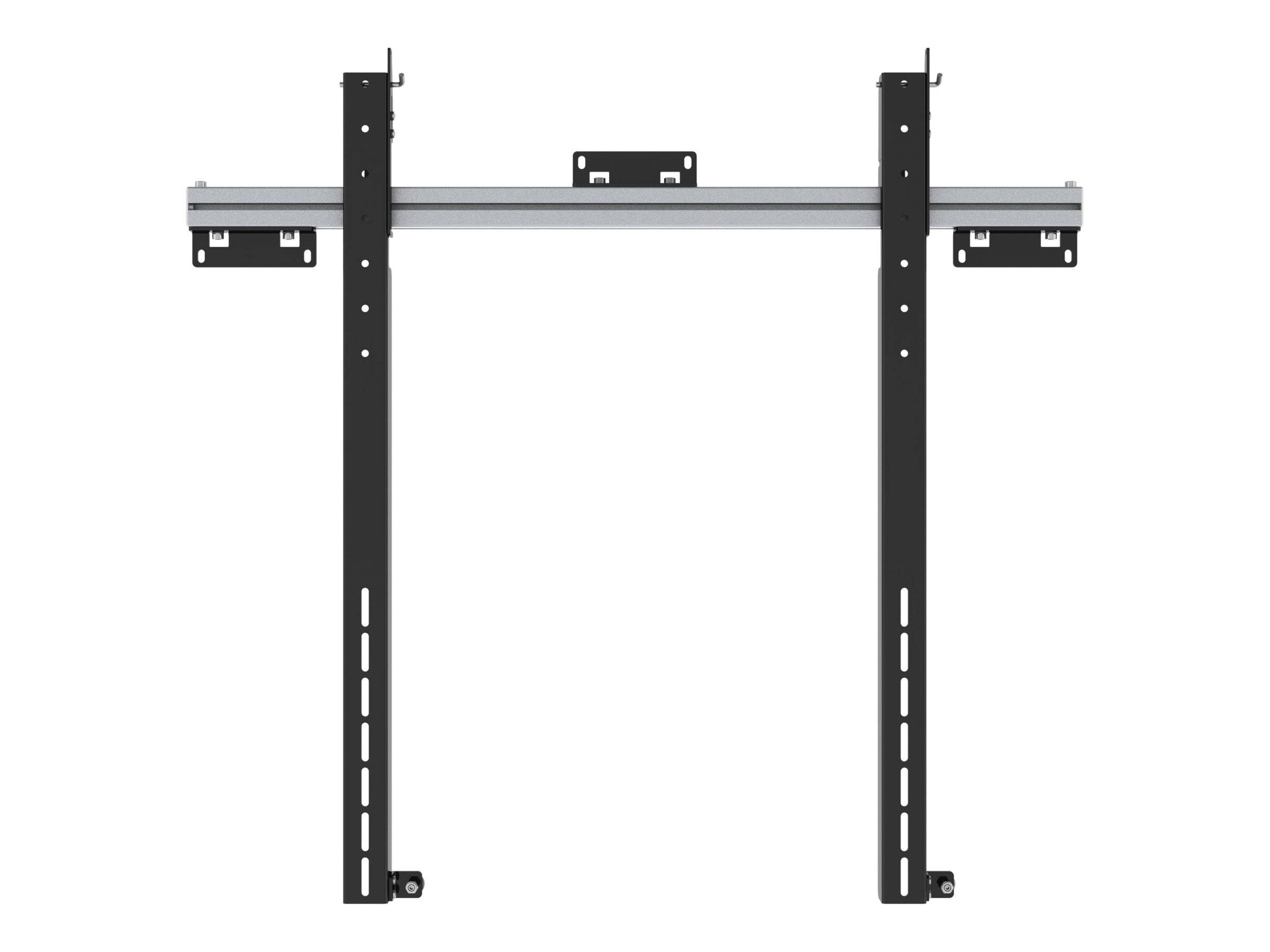 Wandmontierter TV-Halter mit verstellbaren vertikalen Schienen und einem horizontalen Querträger für eine sichere Fernsehinstallation.