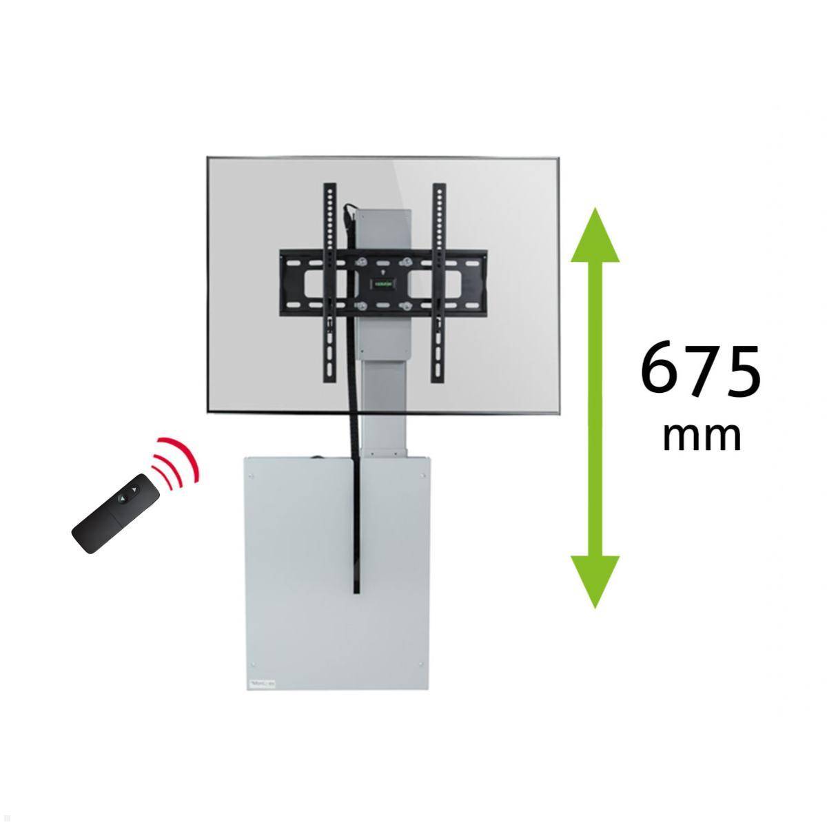 Fernseher-Wandhalterung mit Fernbedienung, mit einer verstellbaren Höheneinstellung von 675 mm.