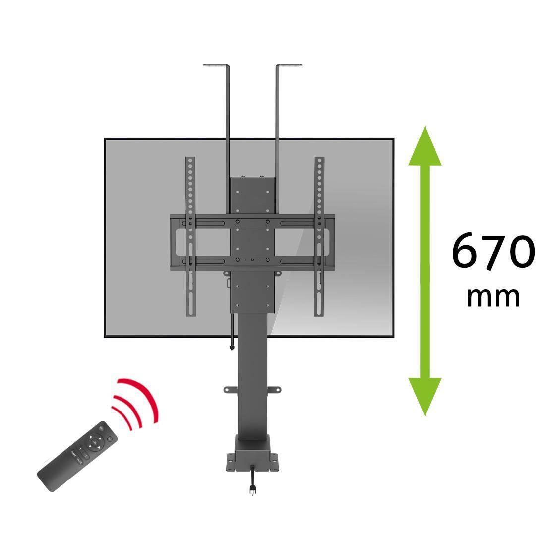 TV-Halterung mit vertikaler Verstellmöglichkeit von 670 mm, gekennzeichnet durch einen Pfeil, zusammen mit einer Fernbedienung mit Signalwellen, die die Steuerfunktionalität anzeigen.