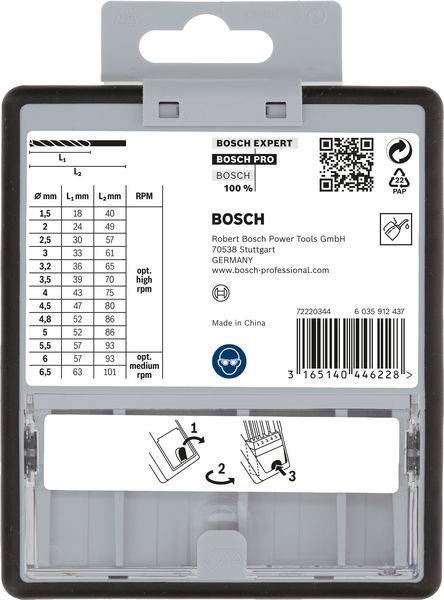 Verpackung für Bosch Expert Stichsägeblätter mit Spezifikationen: Durchmesser, Länge und Umdrehungen pro Minute. Enthält einen QR-Code und Firmendetails.