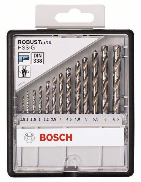 Bosch Bohrer-Set aus Hochgeschwindigkeitsstahl mit Größen von 1,5 bis 6,5 mm, ausgestattet mit einem 135-Grad-Spiralschleifpunkt zum Bohren von Metall.