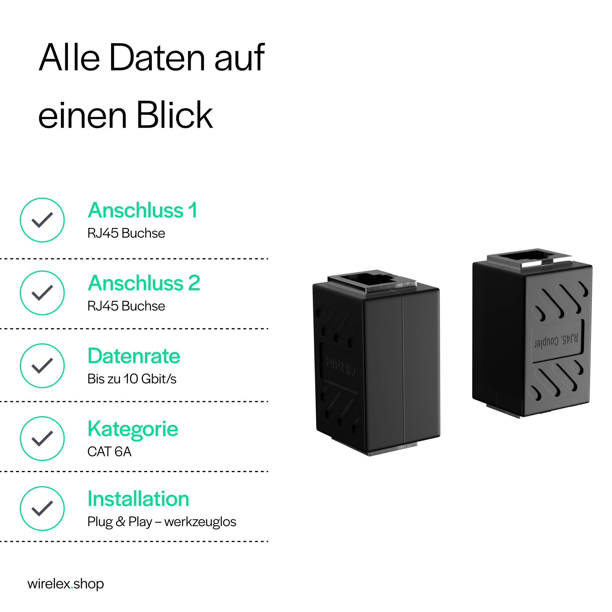 Vollgeschirmter Cat. 6A RJ45 Kabelverbinder-Adapter - Doppelbuchse