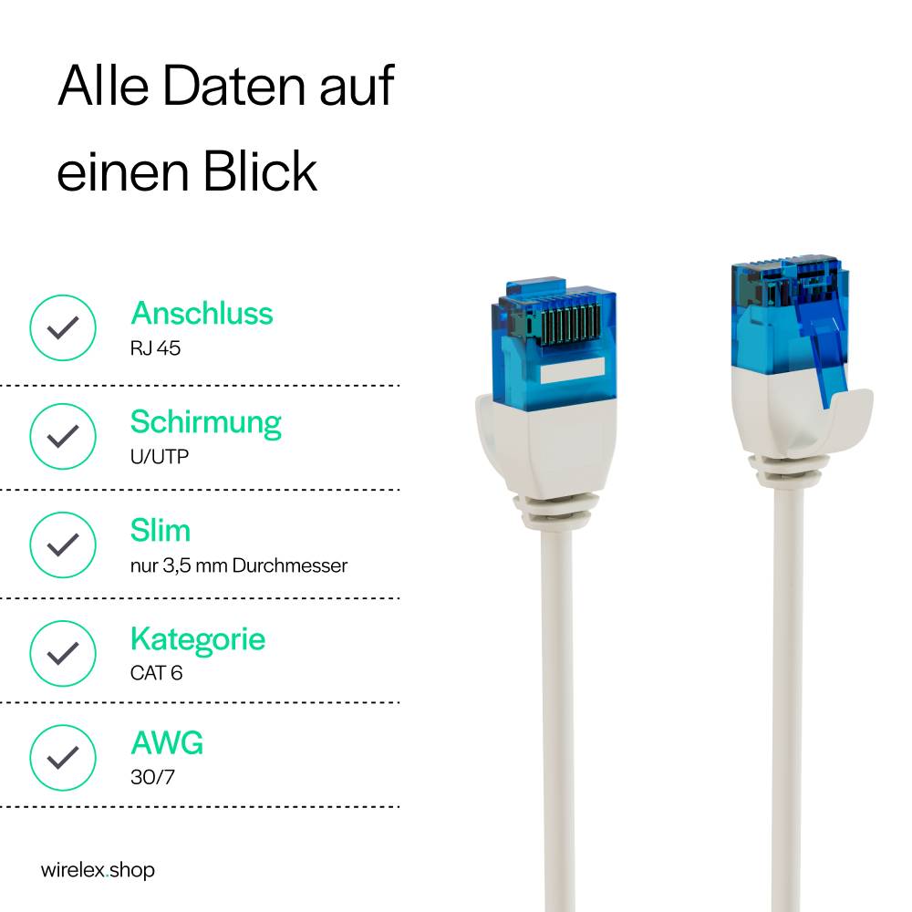 Netzwerkkabel RJ45 LAN Cat. 6 U/UTP extra dünn 0,3m, Weiß