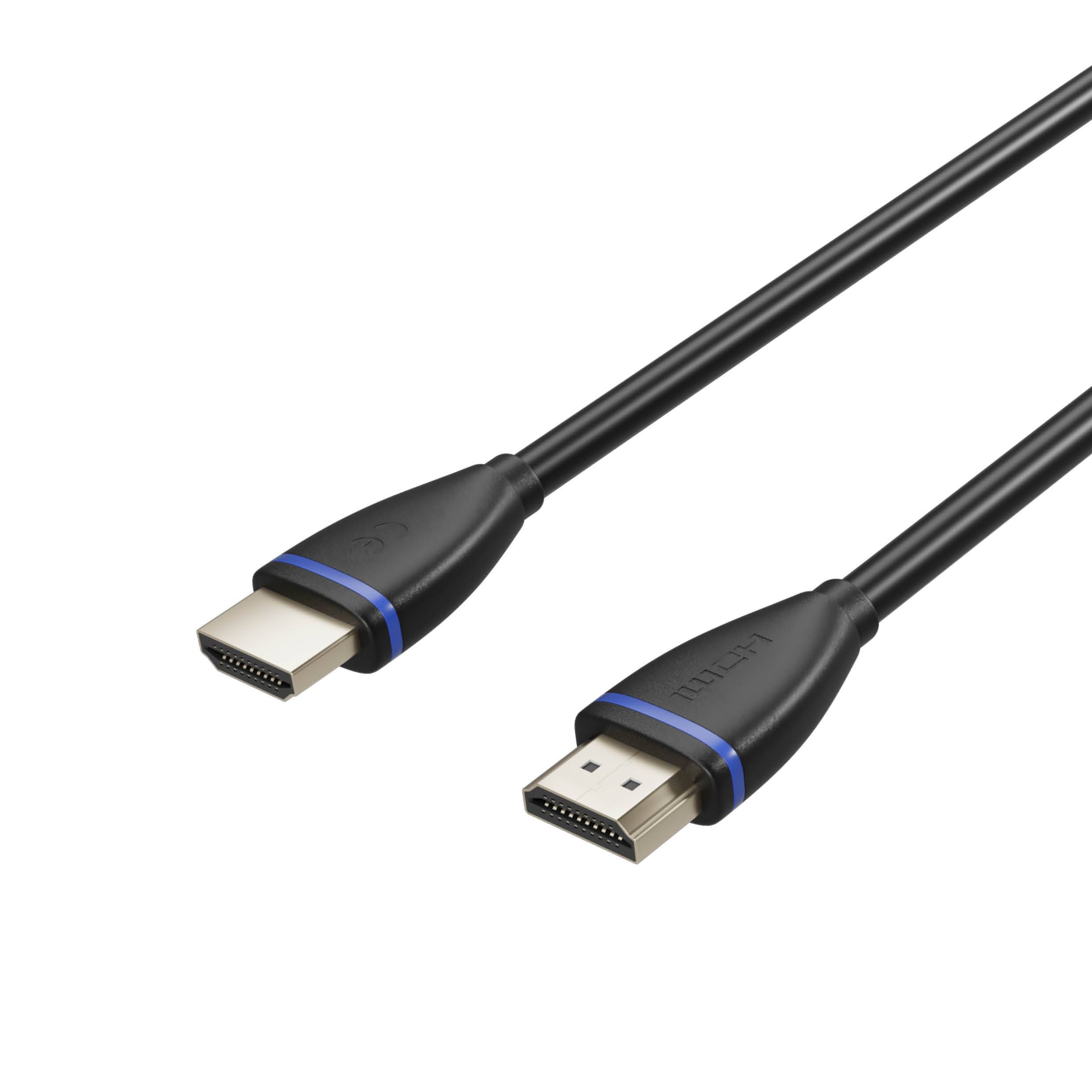Schwarzes HDMI-Kabel mit zwei männlichen Steckern, gezeigt auf weißem Hintergrund.