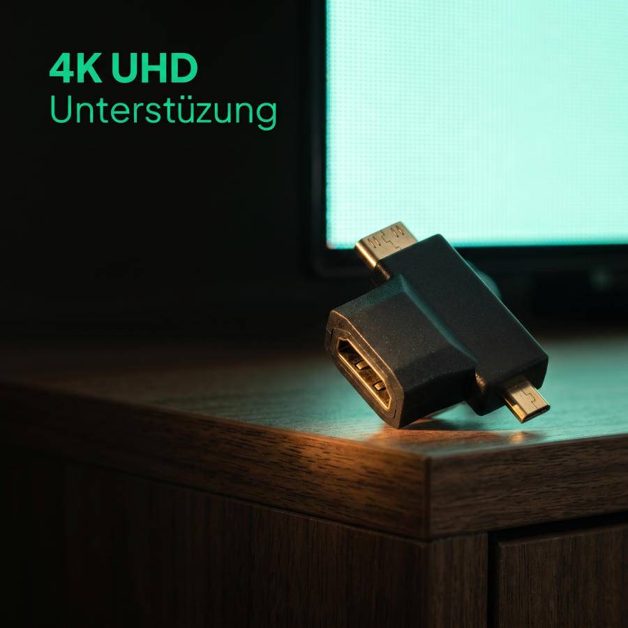 HDMI-Adapter auf einer Holzoberfläche neben einem leuchtenden Bildschirm, mit dem Text „4K UHD Unterstützung