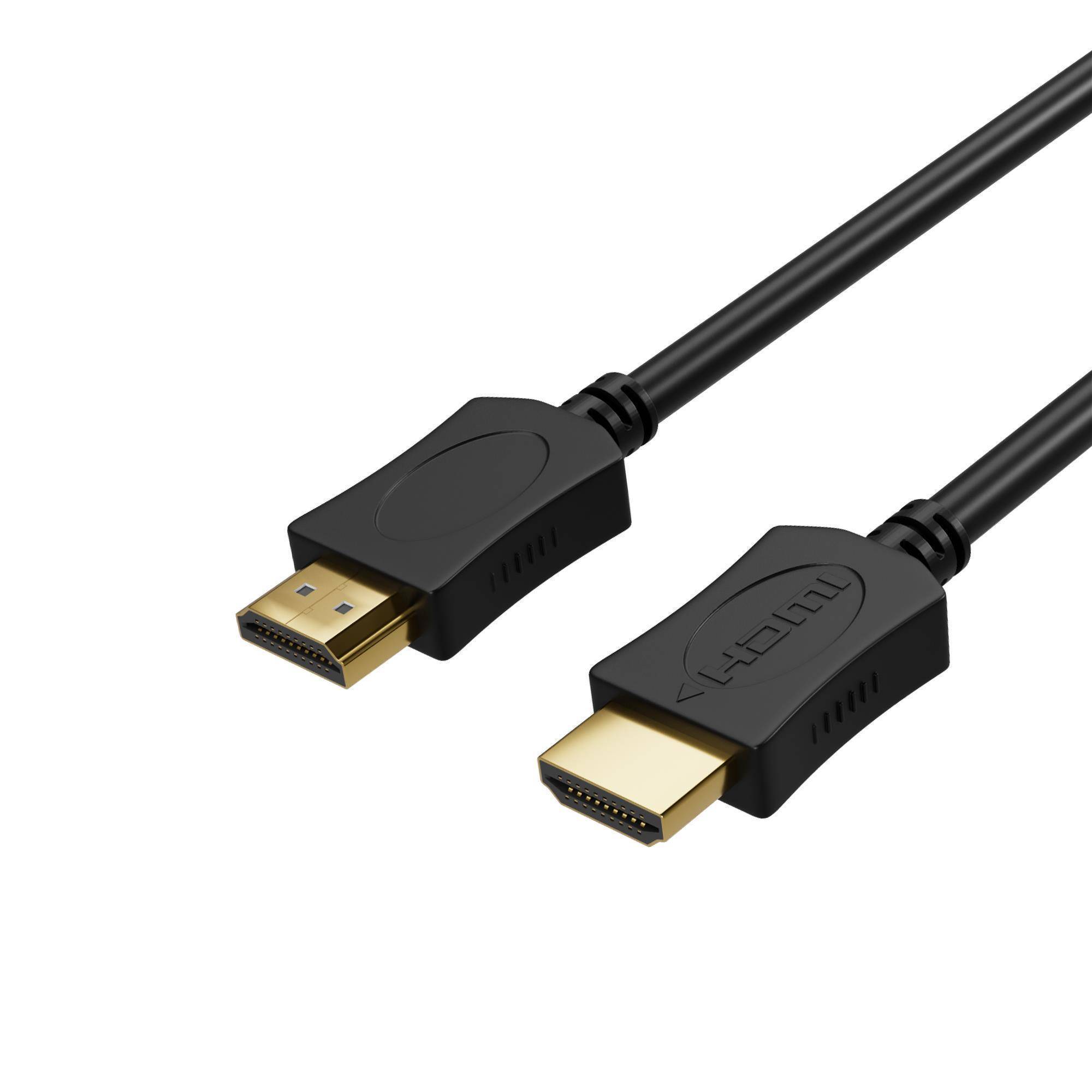 Schwarzes HDMI-Kabel mit zwei vergoldeten HDMI-Steckern auf weißem Hintergrund.