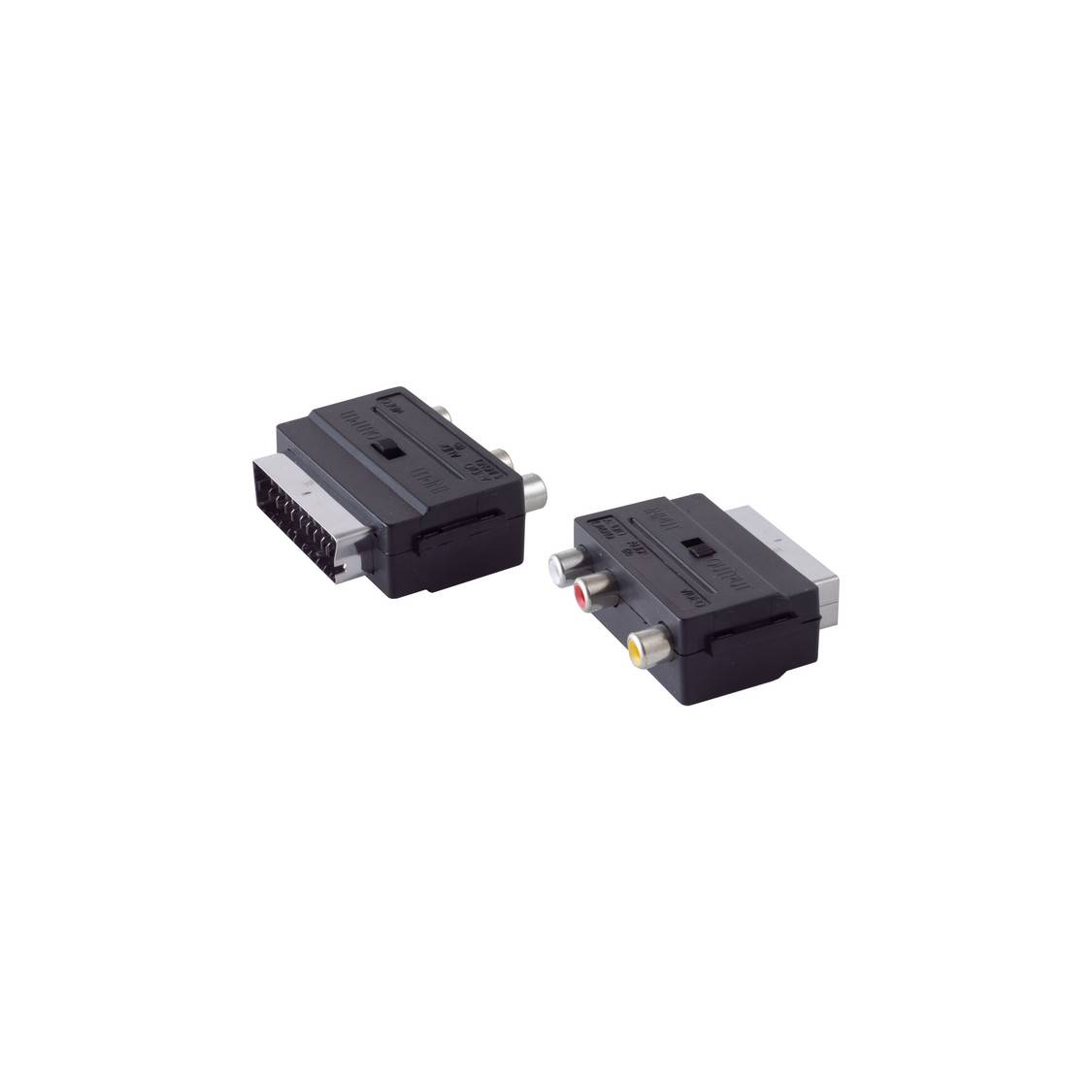 Scart Stecker auf 3x Cinch Buchse Adapter, mit IN/OUT Schalter, schwarz