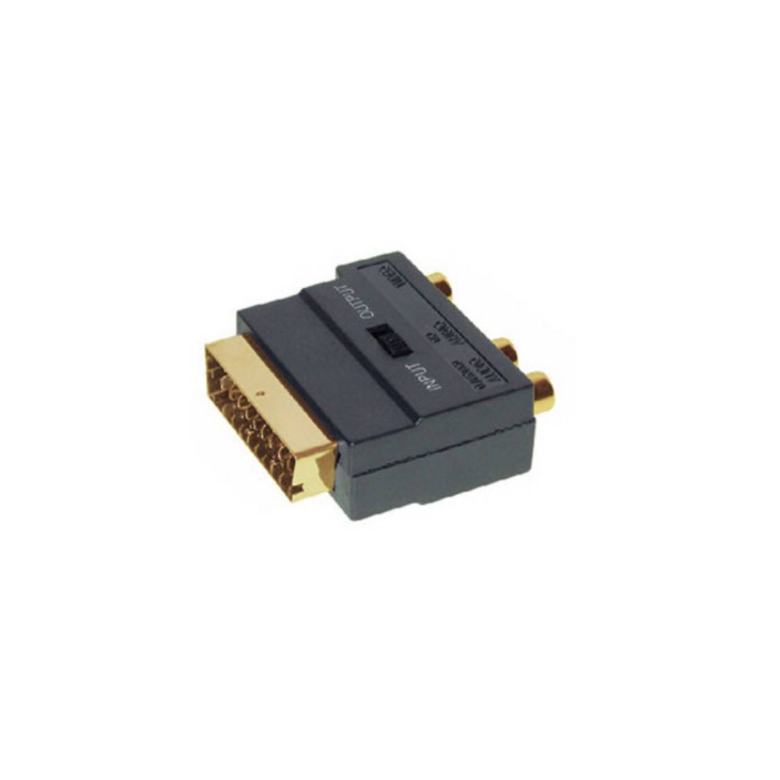 Scart Stecker auf 3x Cinch + Mini-DIN 4-polig Buchse Adapter, mit IN/OUT Schalter, vergoldet