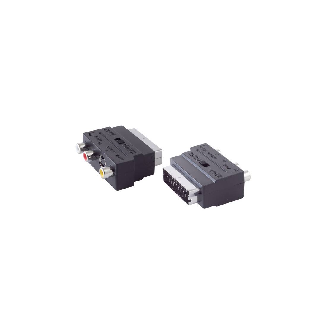 Scart Stecker auf 3x Cinch + Mini-DIN 4-polig Buchse Adapter, mit IN/OUT Schalter