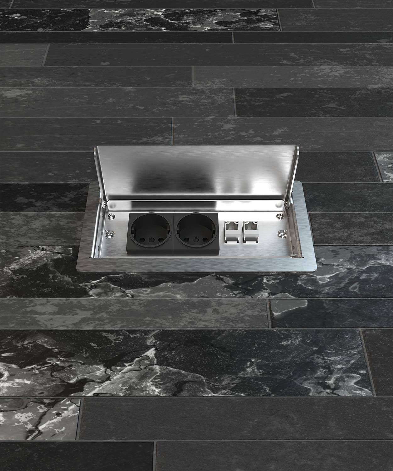 Bodensteckdose/ Bodentank 3303E; 2x Schuko, 1x Antenne (SAT/TV/R, Enddose)