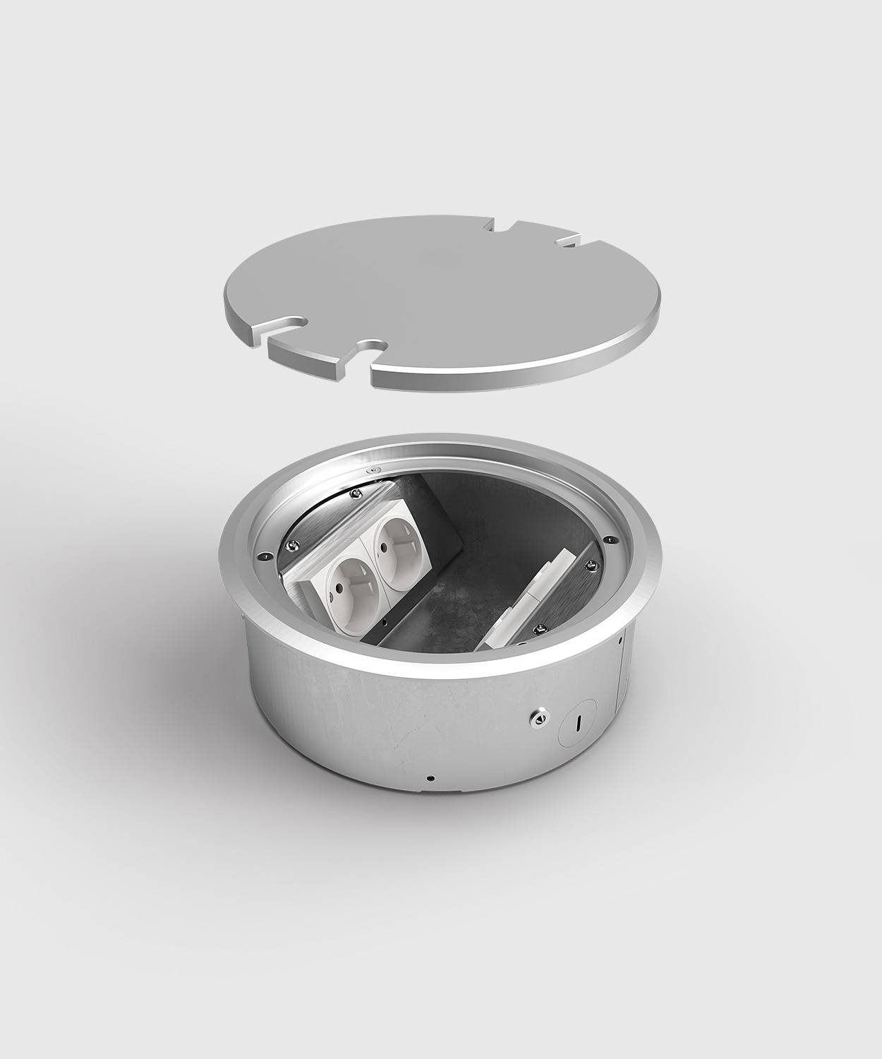 Bodensteckdose/ Bodentank 9904A; 2x Schuko, 1x RJ45 2fach, 1x Antenne,