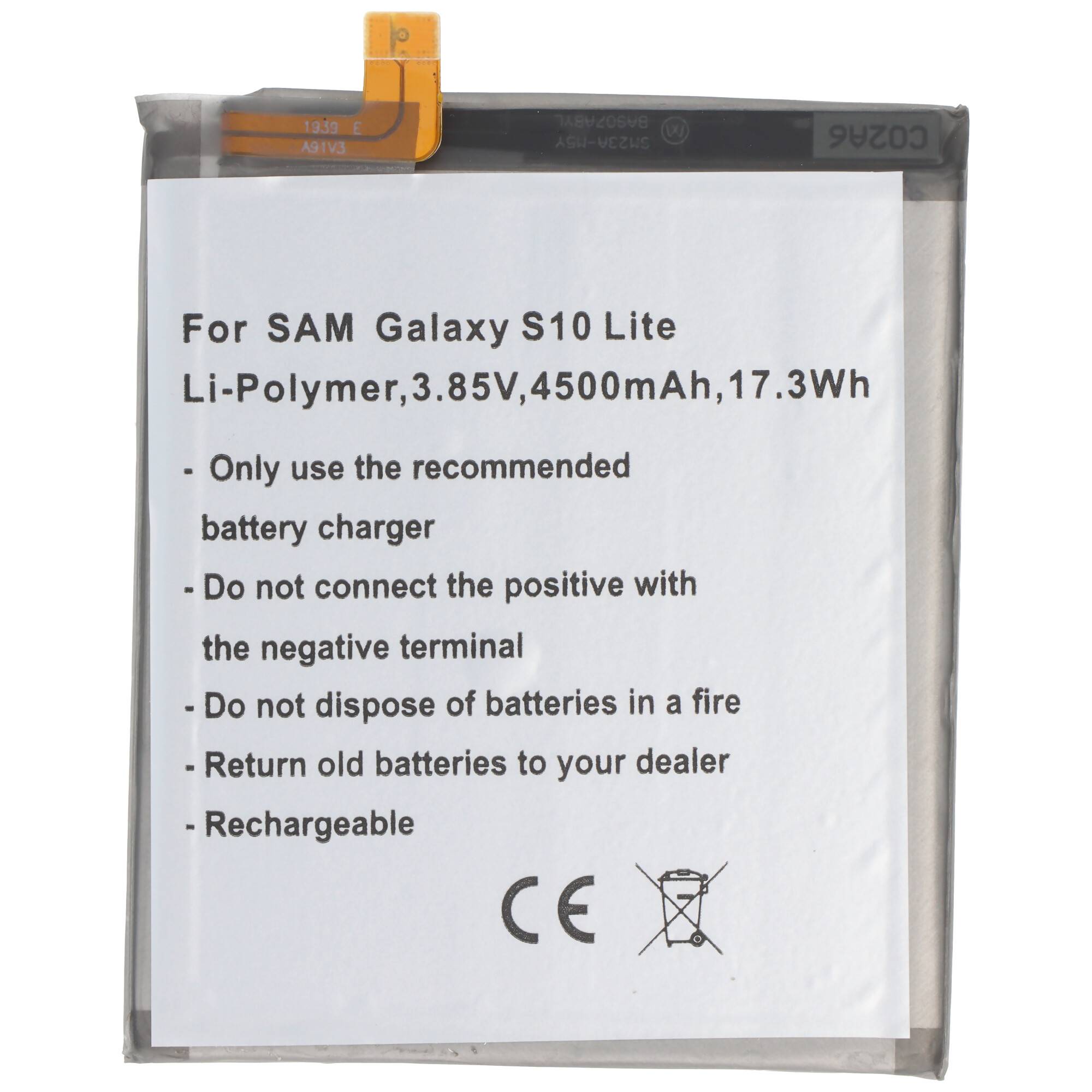 Akku passend für Samsung Galaxy S10 Lite, Li-Polymer, 3,85V, 4500mAh, 17,3Wh, built-in, ohne Werkzeug
