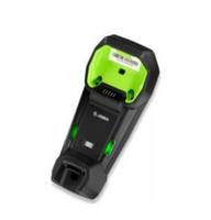 Ein schwarzer und grüner tragbarer Barcode-Scanner-Dock oder eine Ladeschale, die auf weißem Hintergrund gezeigt wird.