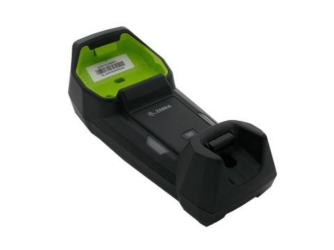 Schwarze tragbare Barcode-Scanner-Halterung mit leuchtend grünem Innenraum, auf weißem Hintergrund dargestellt.