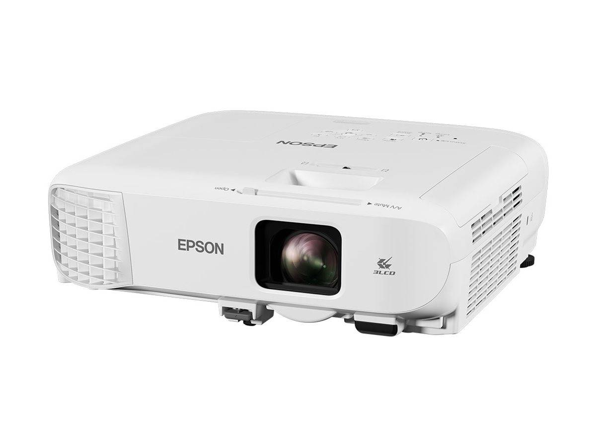 Weißer Epson-Projektor von vorne auf einfachem Hintergrund abgebildet, mit zentriertem Objektiv und Lüftungsöffnungen an den Seiten.