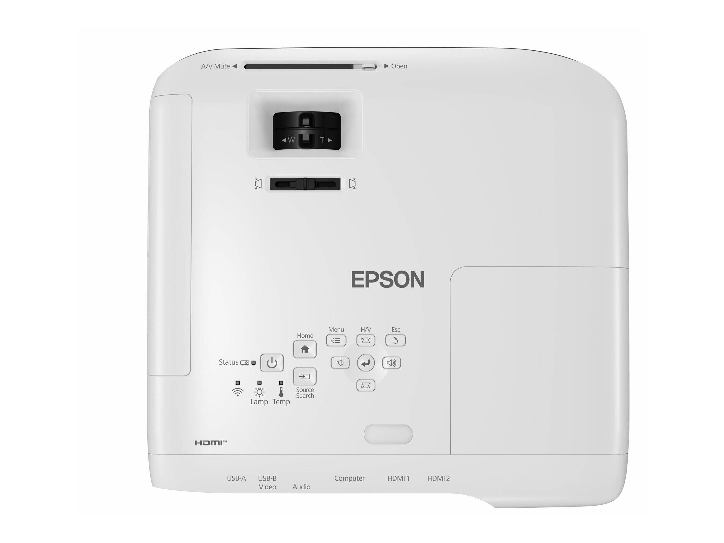 Weißer Epson-Projektor von vorne gezeigt mit sichtbarem Objektiv, Steuertasten, Statusleuchten und Eingabeanschlüssen.