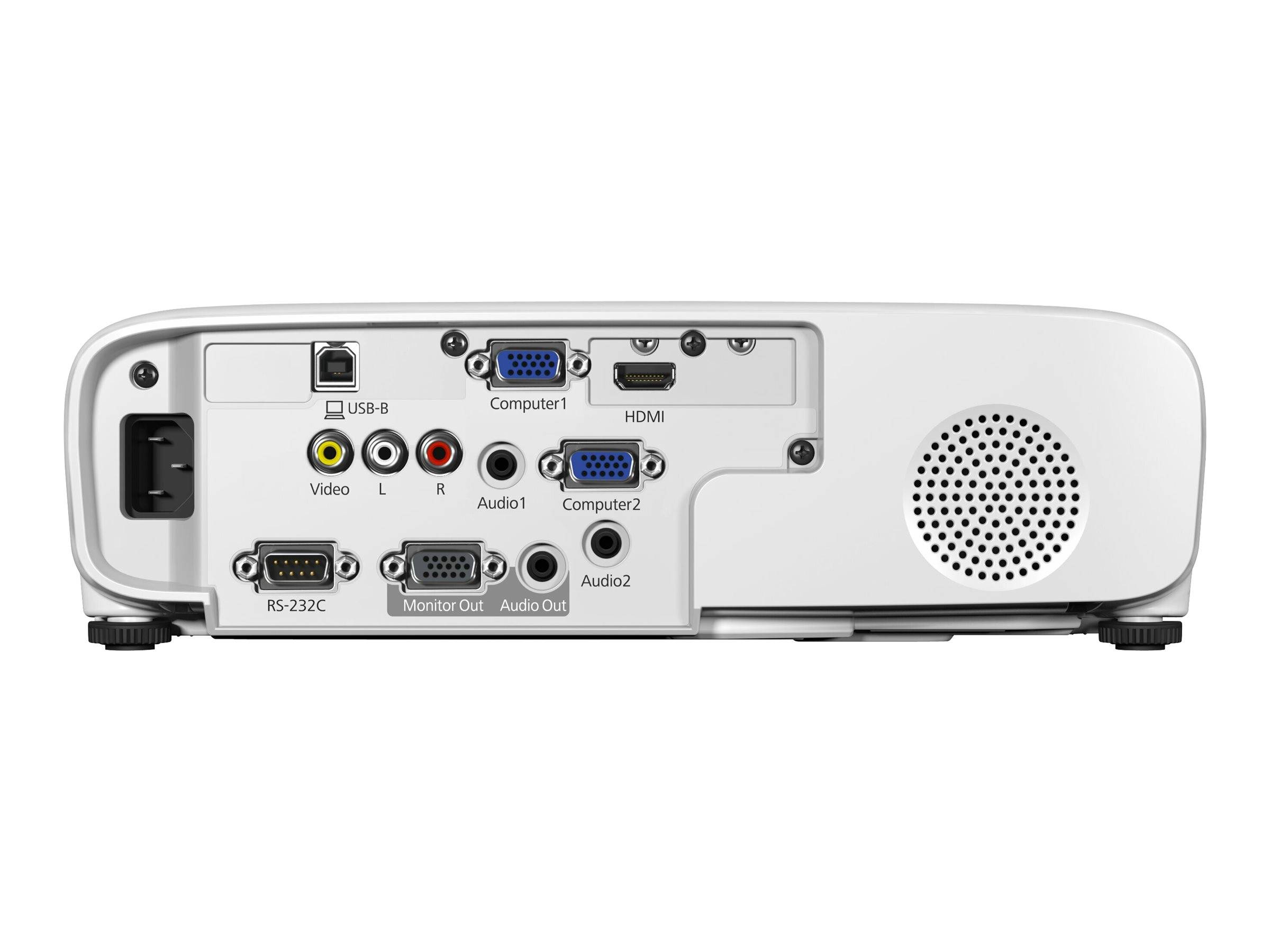 Rückseite eines Projektors mit Ein-/Ausgangsanschlüssen, einschließlich USB-B, VGA, HDMI, Composite-Video, Audio-Ein-/Ausgang, RS-232C und einem Lautsprechergitter.