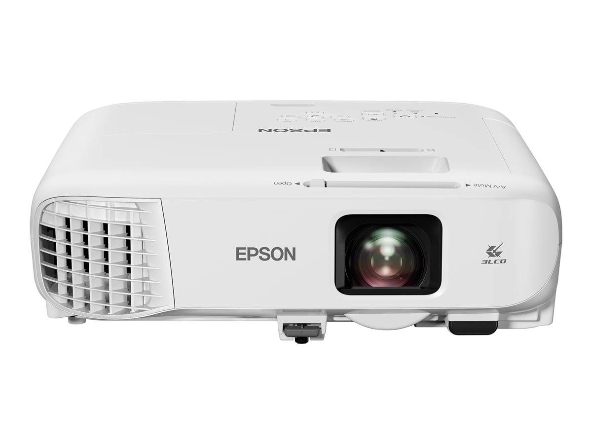 Weißer Epson-Projektor in Vorderansicht mit Objektiv, Belüftungsgitter und Steuertasten auf der Oberseite.