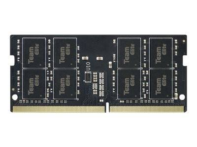 Ein Team Elite Computer-Speichermodul (RAM) auf weißem Hintergrund, mit mehreren schwarzen Speicherschips und goldenen Steckerkontakten.