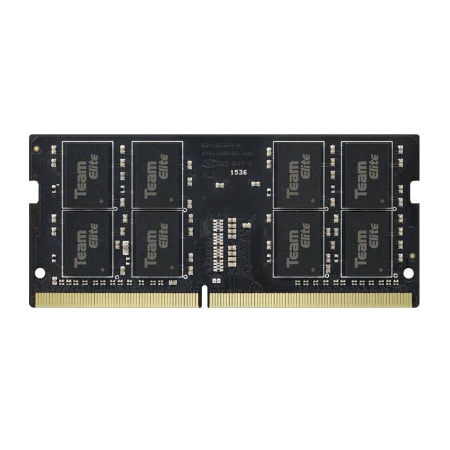 Team Elite Computer-RAM-Modul auf weißem Hintergrund, mit schwarzer Leiterplatte und goldenen Steckerkontakten.
