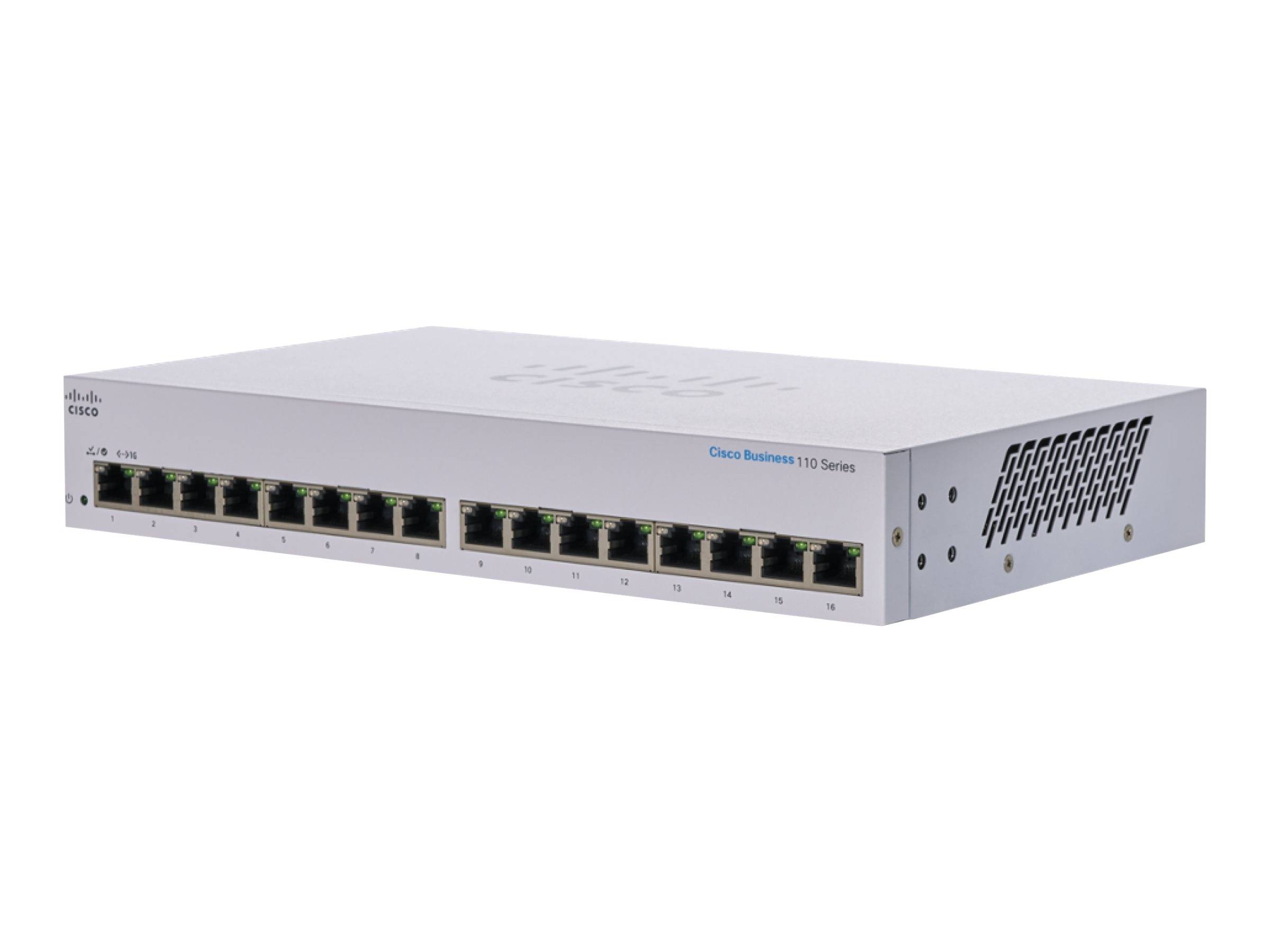 Cisco Business 110 Series Ethernet-Switch mit mehreren Netzwerk-Anschlüssen auf der Vorderseite in einem grauen Metallgehäuse.