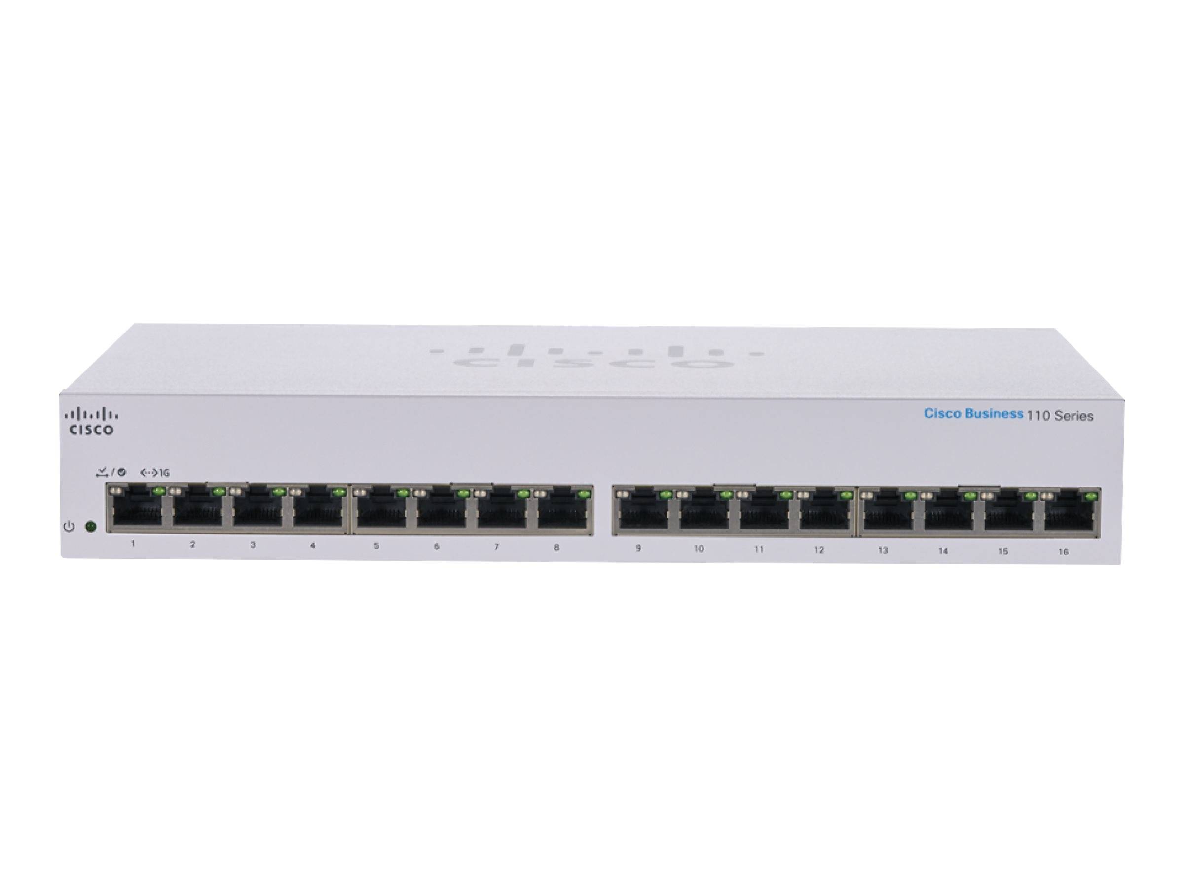 Cisco Business 110 Serie Netzwerk-Switch, frontal dargestellt mit 16 Ethernet-Anschlüssen und Statusleuchten auf weißem Hintergrund.