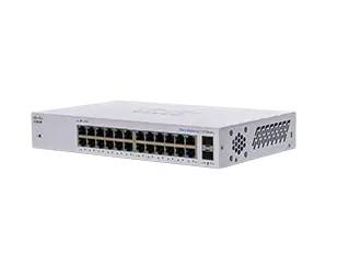Vorderansicht eines Netzwerk-Switches mit 24 Ethernet-Anschlüssen und zwei Uplink-Anschlüssen in einem Rack-Mount-Metallgehäuse auf weißem Hintergrund