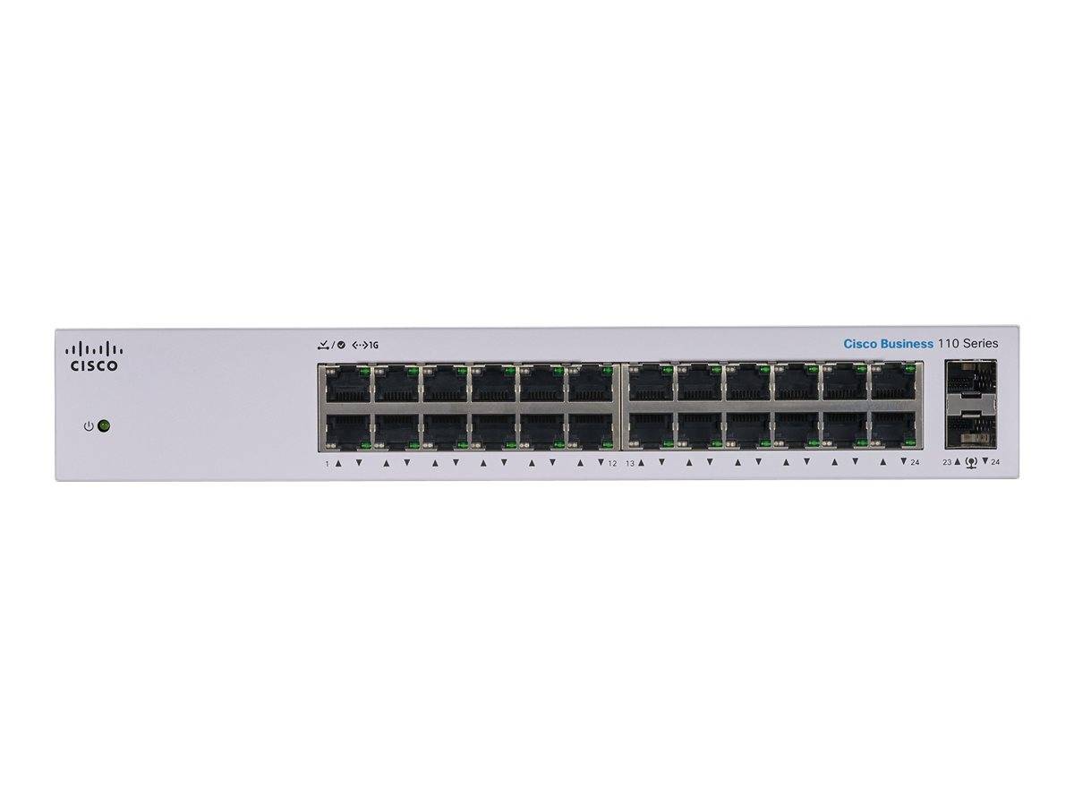 Cisco Business 110 Series Ethernet-Schalter Frontplatte mit 24 nummerierten RJ45-Anschlüssen und Statusleuchten.