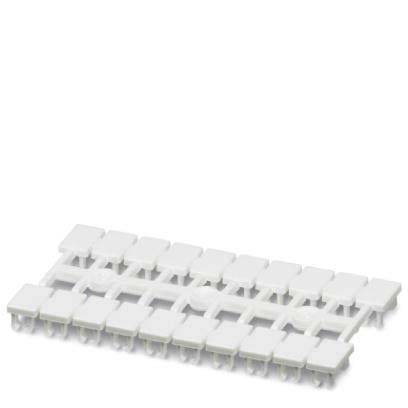 Eine Reihe weißer taktiler Drucktastenkappen auf einem Montagegitter, die häufig in elektronischen Geräten und Schnittstellendesign-Projekten verwendet werden.