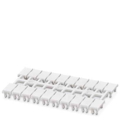 Weiße Plastikklammern, in einem Rastermusster angeordnet, jede mit zwei Zinken, die zum Organisieren oder Befestigen dünner Kabel oder Leitungen verwendet werden.