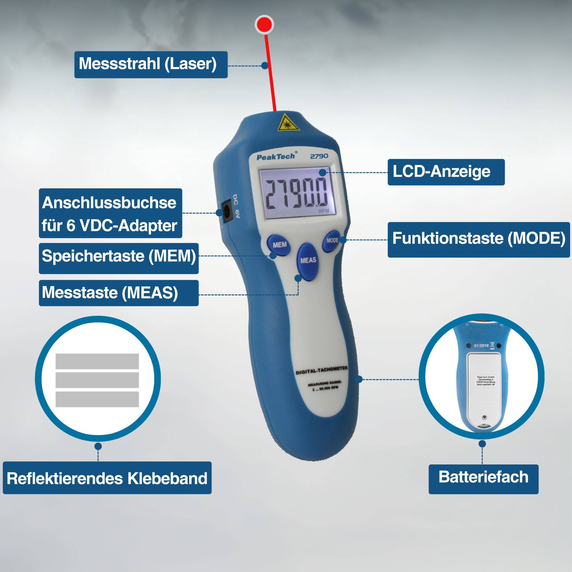 PEAKTECH Drehzahlmessgerät P 2790, 5-stellig, 1... 99.999 rpm