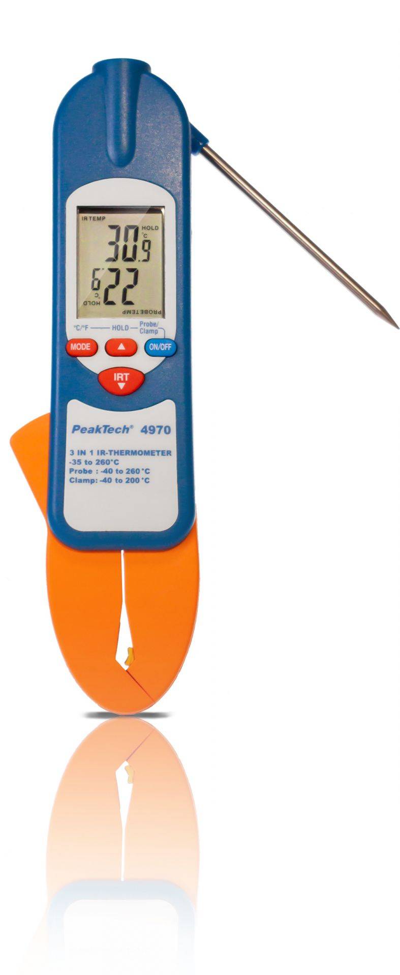 IR-Thermometer ~ -35 ... +260°C ~ mit Einstechfühler und Messzange (3 in 1)