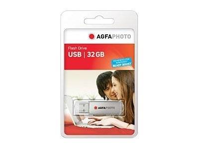 Verpackung für einen AGFAPHOTO 32GB USB-Speicherstick, gezeigt in klarer Einzelhandels-Blisterverpackung mit Produktabbildung und Markenname.