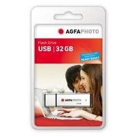 AGFAPHOTO 32 GB USB-Stick in Einzelhandelsverpackung, mit einem Produktfoto und einem Paar, das einen Laptop benutzt.